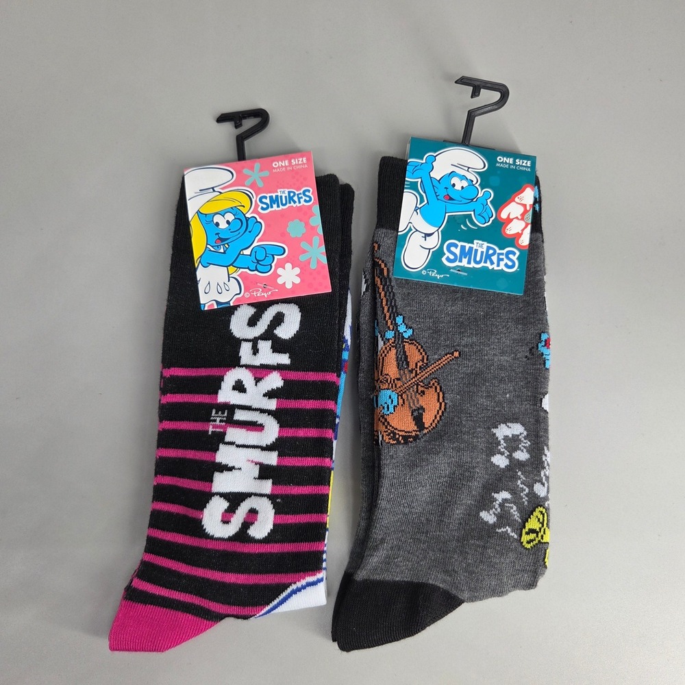 The Smurfs‎ Crew Socks Mens Size 7-12 2 Pair Smurfette Harmony Music Novelty